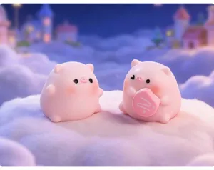 Close-up macro view of two miniature pink pig figurines in a dreamy cloud fairy tale landscape