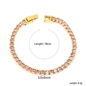 Élégant bracelet tennis de 18 cm doré avec pierres de zircone roses de taille ovale