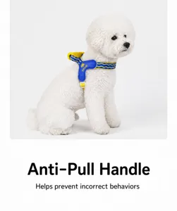 Detailed view of the integrated back control handle on blue and yellow dog harness