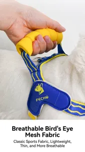 Close-up showing the breathable bird-eye mesh fabric on a professional dog harness