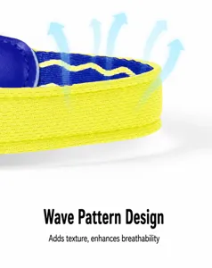Close-up of wave pattern fabric on dog harness showing breathable texture detail.