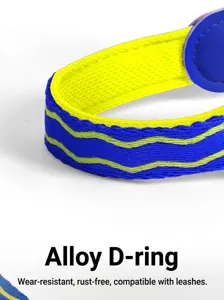 Macro view of high-quality woven blue and neon yellow pet harness strap material