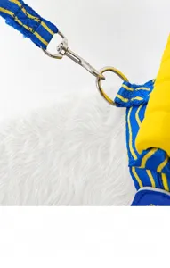 Detailed macro view of the durable metal clip on a blue and yellow striped pet harness