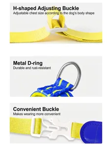 Detail view of pet harness with adjustable buckle, metal D-ring, and quick-release clip