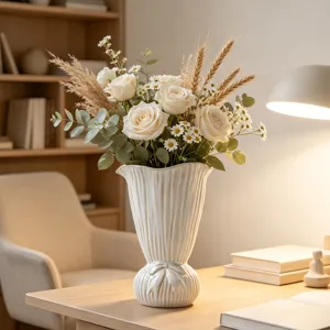 Nordische weiße Keramikvase mit Falten und Schleifendetail in gemütlicher Umgebung.