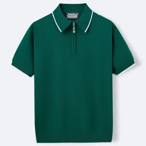 Front view of a dark green knitted polo shirt with white tipped collar and zipper