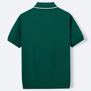 Back view of men's dark green knit polo shirt with white tipped collar and cuffs