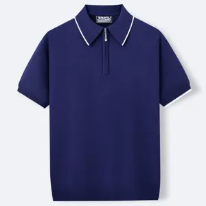 Full view of navy blue short-sleeve knit polo shirt with half-zip and white striped trim