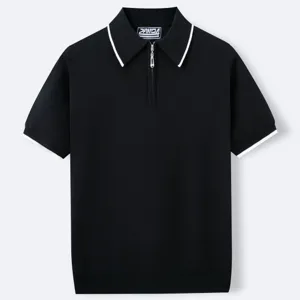 Detailed view of a premium black men's knit polo shirt featuring a half-zipper and white trim