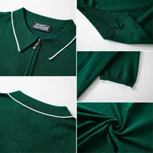 Detail views of green knit polo showing zipper collar, ribbed cuffs and soft fabric texture.