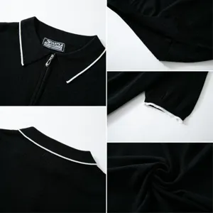 Macro view of black knitted polo shirt with half-zip collar and white contrast trim