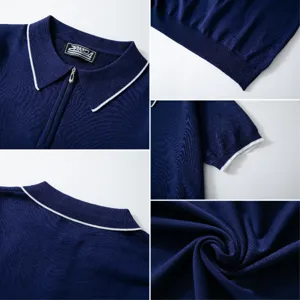 Detail views of navy blue knit Polo shirt showing zipper collar and fabric texture