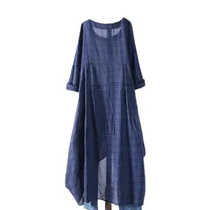 Minimalist navy blue plaid dress featuring a stylish asymmetrical irregular hem design