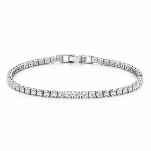 Macro view of a sparkling Moissanite tennis bracelet with silver-tone prong setting