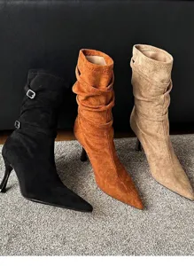 Elegant slouchy pointed toe stiletto ankle boots in black, maple brown, and beige