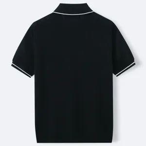 Back view of a men's black knitted Polo shirt with white striped trim details