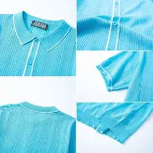 Detail view of breathable blue knitted polo shirt with textured fabric and white collar trim.