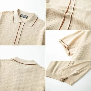 Close-up of men's knitted button-up polo shirt with vertical texture and brown trim