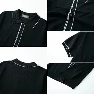 Close-up views of black knitted polo shirt with white piping and button details
