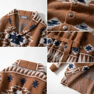 Detailansicht der Herren-Strickjacke mit Retro-Indianer-Jacquard und Schalkragen.