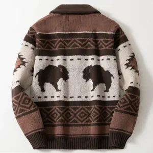 Back view of men's vintage knit cardigan featuring jacquard bison patterns in brown.