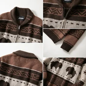 Close-up details of collar tag, ribbed cuffs, and bison jacquard pattern on knit sweater