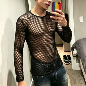 Men's Sexy Mesh Fishnet Long Sleeve T-Shirt See Through Hollow Out Clubwear Fitness Breathable Crew Neck Tee Black Top