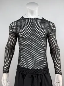 Detailed view of men's sexy black mesh long sleeve see-through fishnet T-shirt on mannequin