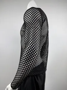 Detailed close-up of a black mesh fishnet long sleeve T-shirt showing breathable texture