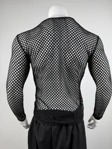 Back view of men's sexy black fishnet long sleeve mesh t-shirt for clubwear and gym