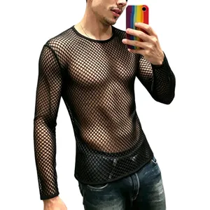 Men's sexy black mesh fishnet long sleeve see-through T-shirt for clubwear and fitness