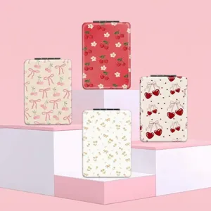 Portable Foldable Makeup Mirror With PU Leather Cartoon Pattern Cover Double Sided Compact Rectangular Cosmetic Mirror For Women Girls