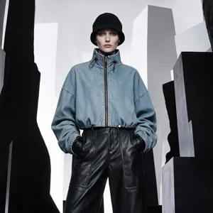 Dettaglio di una giacca di jeans corta azzurra con collo alto e coulisse sul fondo