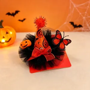 Halloween haarspeld met puntmuts, oranje pompoen, vlinder en rode strik