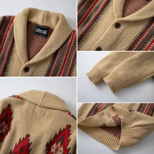 Close-up details of men's vintage striped knit cardigan with shawl collar and jacquard