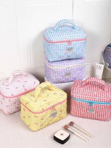 Gesteppte Baumwolle Kosmetiktasche Große Kapazität Gingham Bogen Druck Kulturbeutel Tragbare Reißverschluss Damen