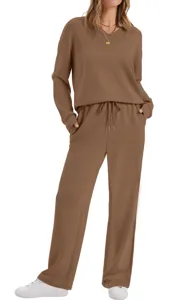 Set loungewear casual marrone da donna con top con scollo a V e pantaloni con coulisse