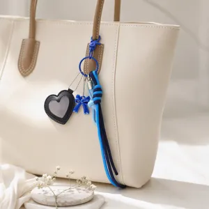 Handmade Woven Heart Leather Makeup Mirror Bag Charm Bowknot Keychain Pendant For Women Outdoor Daily Fashion Accessories