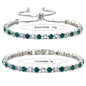 Zilveren 4 mm zirkonia tennisarmbanden in groen en wit met maatspecificaties