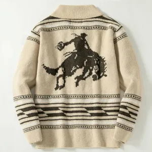 Detailed back view of a vintage beige knit cardigan with western cowboy horse jacquard
