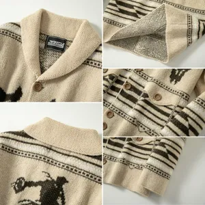 Close-up details of vintage bull jacquard knit cardigan showing texture and buttons