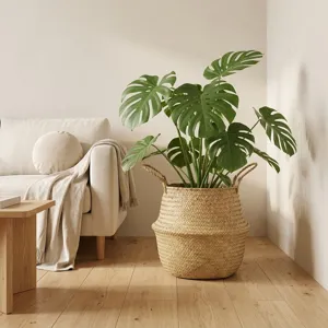 Panier jardinière en paille naturelle tressée dans un salon moderne et minimaliste