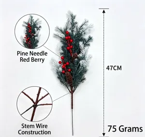 Vista dettagliata ramo di pino artificiale con bacche rosse e misure, altezza 47 cm