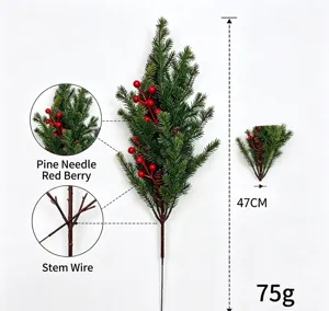 Ramo di pino artificiale con bacche rosse e pigna, lunghezza 47 cm e peso 75 g