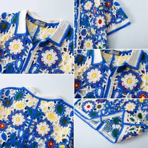Vue détaillée du polo en tricot crocheté à fleurs bohèmes avec design ajouré