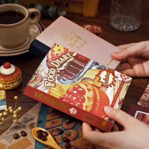 Vintage sticker notitieboek met illustraties van heerlijke dessert thema's