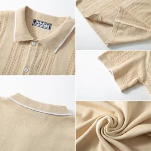 Detailaufnahmen eines Herren-Strick-Polo-Shirts mit Weizenähren-Jacquard-Textur.