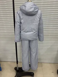 Back view of striped hooded padded jacket and wide-leg pants set for winter