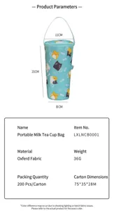 Portable Oxford cloth cup bag with cartoon cat pattern and detailed dimensions shown.
