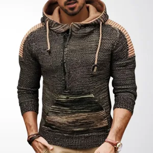 Close-up of men's color-block knitted hoodie with half-zip and drawstring hood